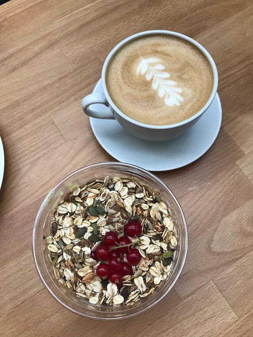 Chia pudding and oat latte. Definitely recommend! at FRØ in Tromsoe