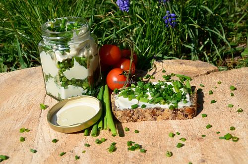 Crema-Schnittlauch: Die kba Kräuter werden morgens ab 6:00 im Morgengrauen und frischen Tau geerntet. Um 10:00 Uhr hole ich die Kräuter ab und dann kommen sie frisch in das Glas! at Cashewrella in Gottingen
