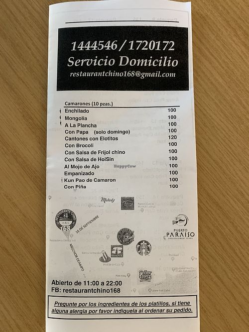 Menu 1 at Chino 168 in Cabo San Lucas