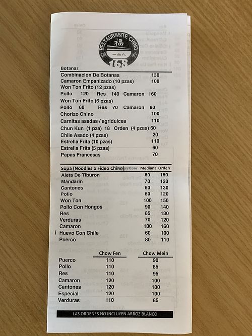 Menu 2 at Chino 168 in Cabo San Lucas