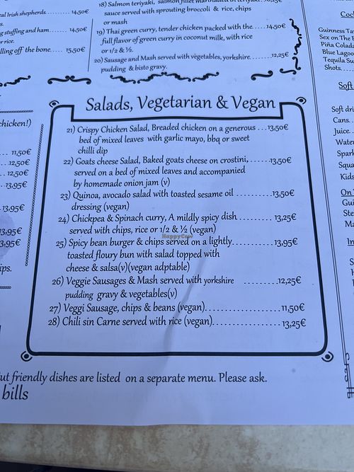 Clear vegan options   at The Guinness Tavern in Salou