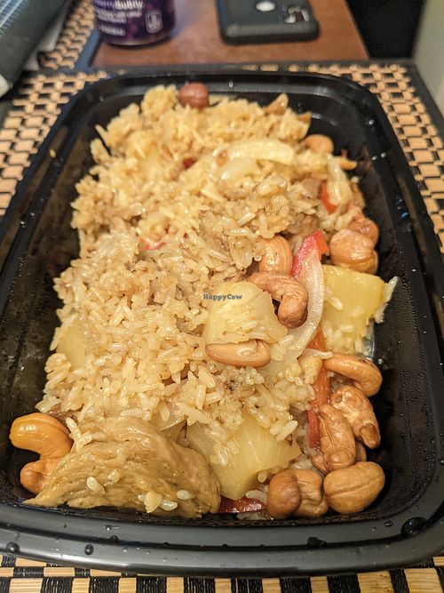 Pineapple fried rice with mock chicken. Chickens kind of rubbery but the rest was good. at Rice By Mama in Ventura