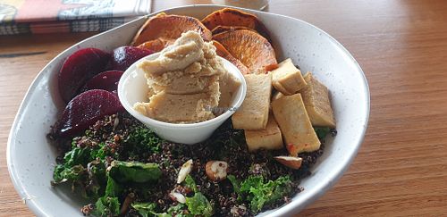 Buddha Bowl: with quinoa, salt and pepper tofu, sweet potato, crispy kale and humous at Whoopsie Do in Yarraville