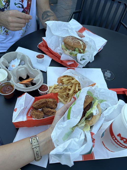 Two different vegan burgers and nuggets  at MAX - Medborgarplatsen in Stockholm