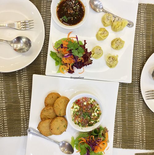 dim sam and crab cakes, vegan at Ariya Organic Cafe in Bangkok