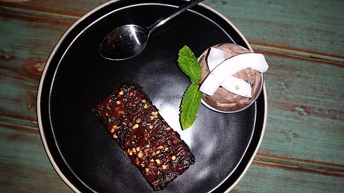 Chilli chocolate brownie with chocolate icecream  at Turtle Bay in Cardiff