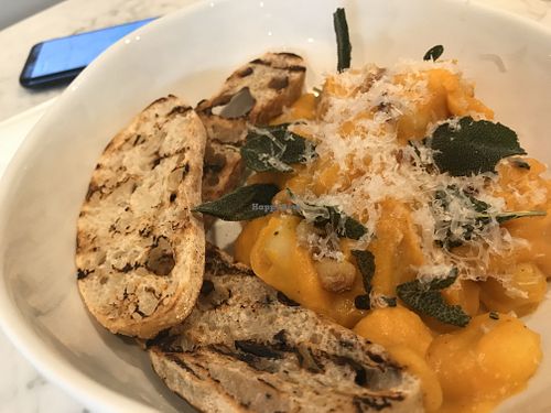 Squash gnocchi,vegan parmesan, cristini at Alma Organic in Burbank