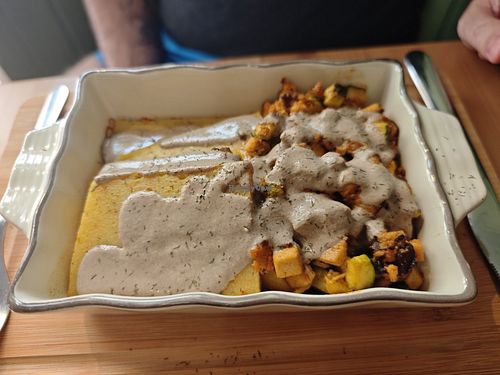 Pastel de polenta with veggies, amazing!!! at Makalu Veggie in Alicante