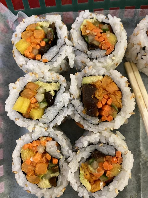 Sweet potato sushi no eel sauce with mango at Sushi-2-Go in Gainesville