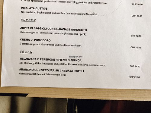 Menue at Gusto's in Rupperswil