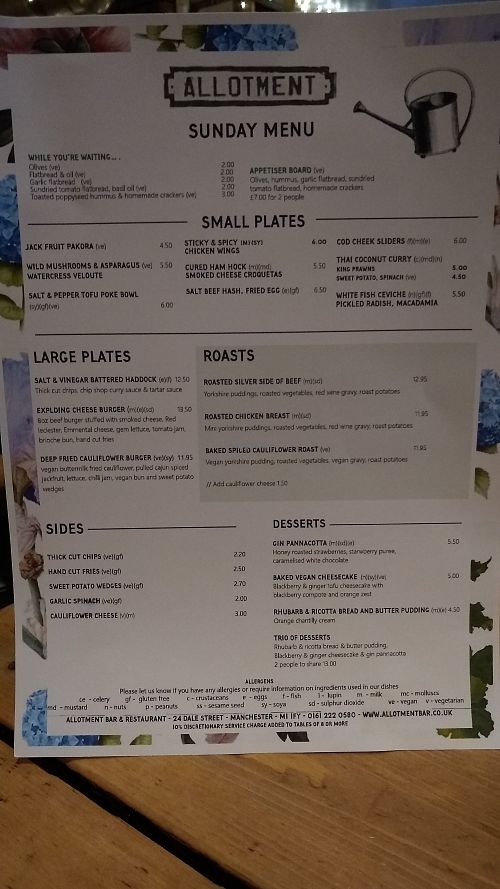 Menu at Allotment in Manchester