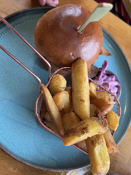 Vegan burger with chunky chips and slaw  at The Drift Inn in Isle Of Arran