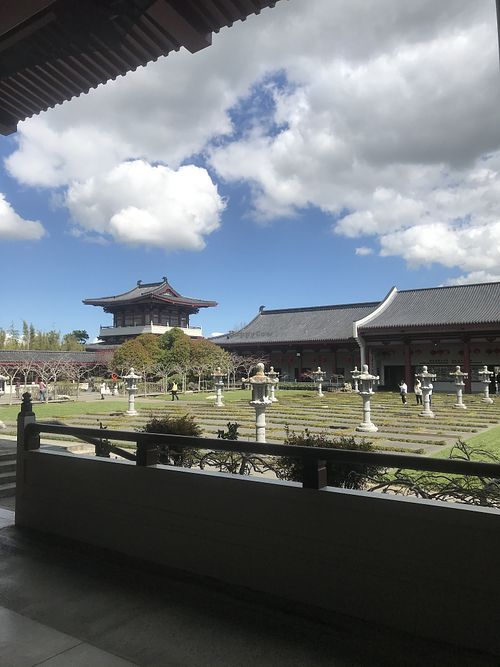 Looking back toward cafe area at Water Drop Vege Cafe at Fo Guang Shan Temple in Auckland