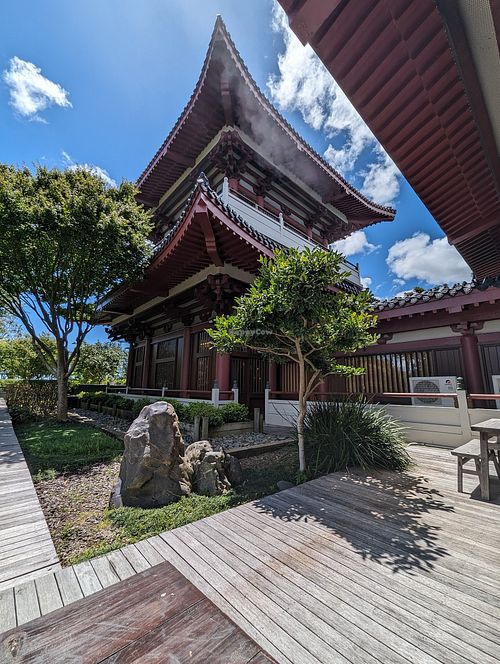 View from my table at Water Drop Vege Cafe at Fo Guang Shan Temple in Auckland