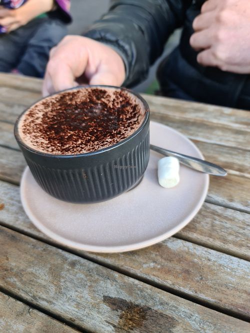Hot chocolate with vegan marshmallows (one eaten) at Argi in Kensington
