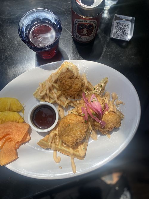 Aerial View of Chick’n’Waffles w/Seasonal Kombucha  at Life on Mars in Seattle