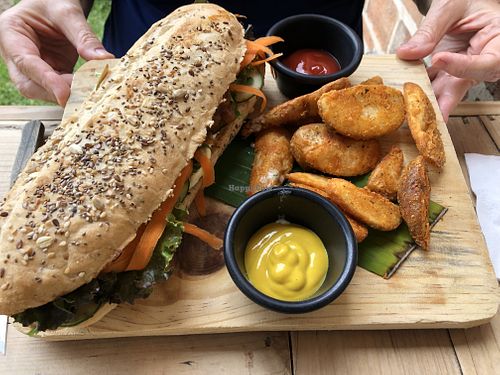 Mexican baguette sandwich and fries. at Vegan Town in Ajijic
