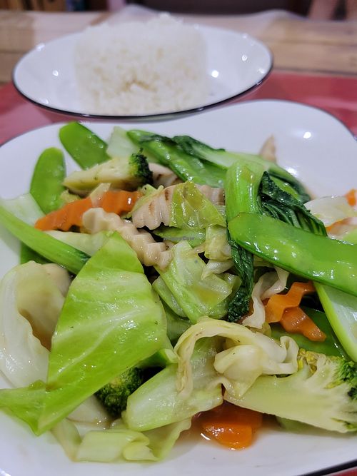 Mixed veggies with rice at Vegan Center Cafe in Vientiane