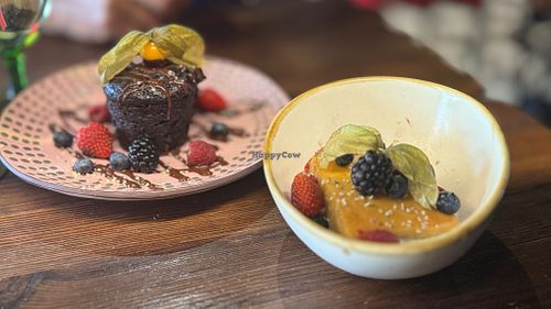 Chocolate cake and vanilla, maple pudding bar at Don Vegan in Quebec