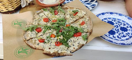 cheesy Turkish pizza at Pernera in Patmos