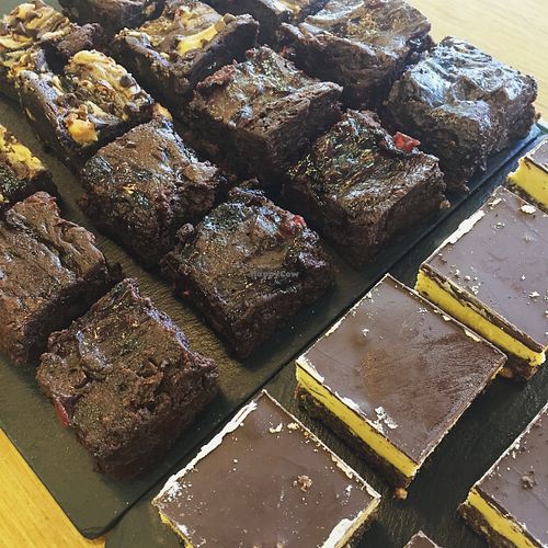 Vegan Brownies (Peanut Butter, and Very Cherry) and vegan Nanaimo slice at Bramhall Bakery in Poynton