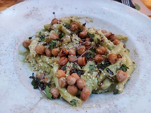 Homemade pasta with pesto : we really liked the texture of the pasta, the sauce was good too at Pandora Greenbox in Split