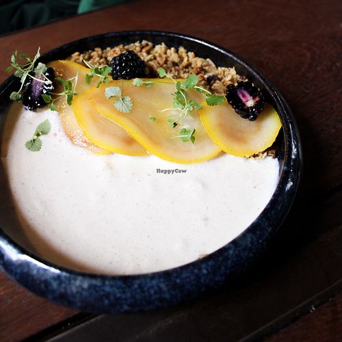 ginger yoghurt, granola and poached pear at Tamper Sellers Wheel in Sheffield