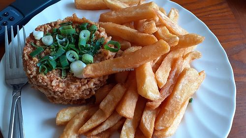 Cheese patty and chips (vg) at Laura's Fish Bar in Whitley Bay