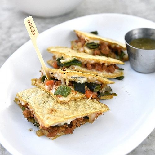 GREEN CHILI & CARAMELIZED ONIONS QUESALITAS at Tocaya Organica in La Jolla