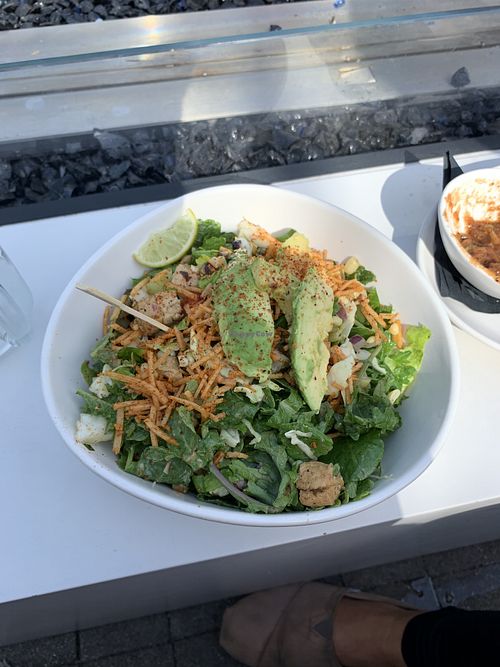 Vegan taco salad with cilantro lime vegan “chicken”. This is a great option for the price point. Large portion size at Tocaya Organica in La Jolla