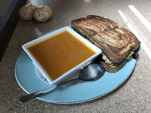 Carrot ginger soup and smashed chickpea sandwich at Cafe E in Belleville