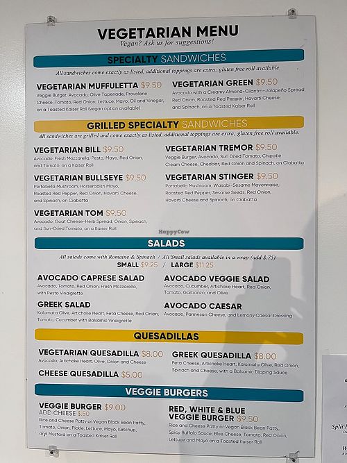 Separate vegetarian menu at Sierra Subs & Salad in Three Rivers