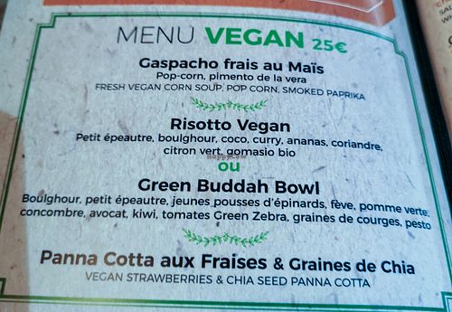 vegan menu at La Cabane  in Annecy