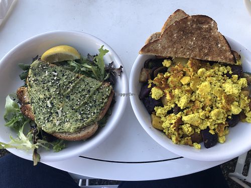 Avocado toast and vegan breakfast hash    at Cafe 13 in Golden