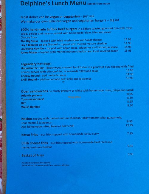 Menu  at Delphine's Diner in Aldeburgh