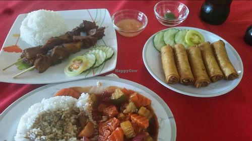 bbq  rice, spring rolls, sweet sour egg plant at Namaskar Vegetarian Restaurant in Puerto Princesa