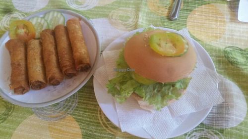 veggie burger, spring rolls at Namaskar Vegetarian Restaurant in Puerto Princesa