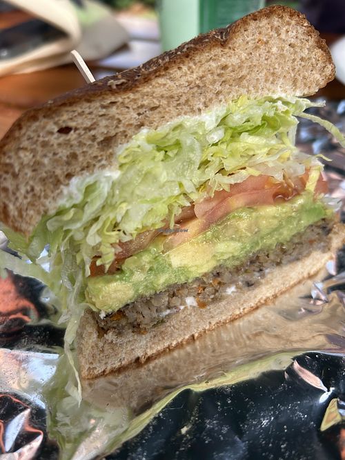 Mushroom patty vegetarian burger  at John's Garden Cafe in Malibu