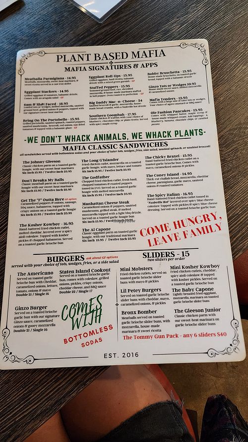 Menu at Plant Based Mafia in Palm Beach Gardens
