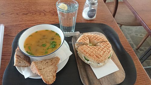 cream "cheese" sandwich and pea soup at Farel Bistro in Biel