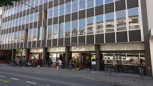 Farel bistro is in a large office building and can be easily overlooked, as there is no sign on the building, just a discreet mobile sign standing at the entrance. at Farel Bistro in Biel