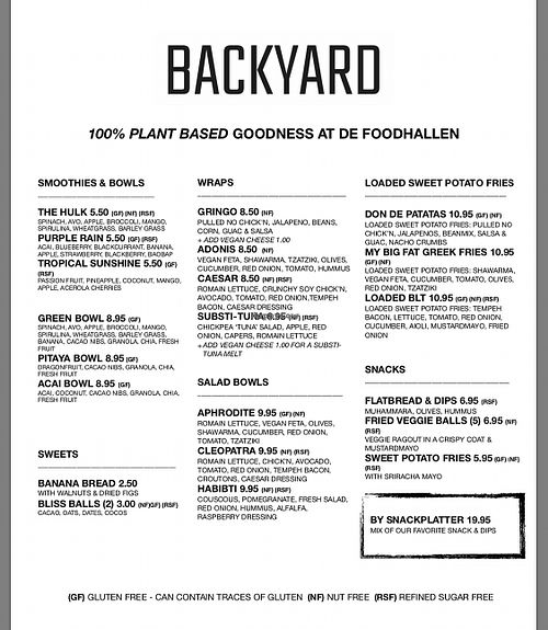 The menu June 2019 at Backyard Foodhallen in Rotterdam