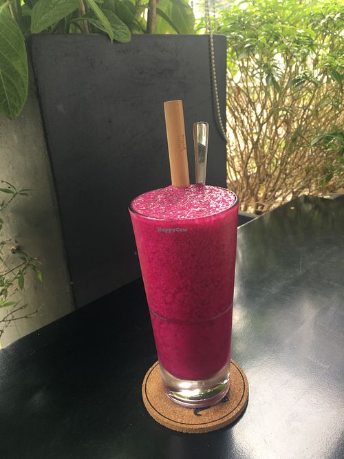 Deeply dragon fruit smoothie (red dragon fruit and passion fruit) at Mud Bistro in Da Nang