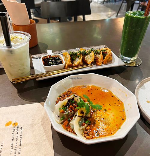 Drinks Garden Gangsta & Pistachio Dream with Vistro Dumplings & Fried Gyoza w/ Asian Salsa Verde at Vistro in Bangkok