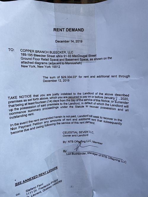 Rent dispute. Closed location in NYC at Copper Branch in New York City