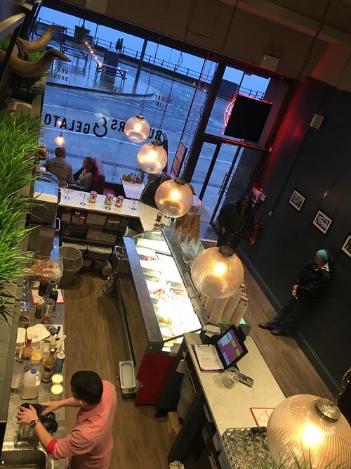 Inside and the view to the harbour  at Gelatoburger in Oban