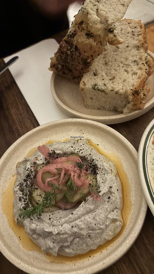 Burnt eggplant dip with focaccia   at Ballard's in Thornbury