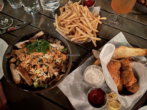 Chinois salad, fish and chips, regular fries at Nic's on Beverly in Los Angeles
