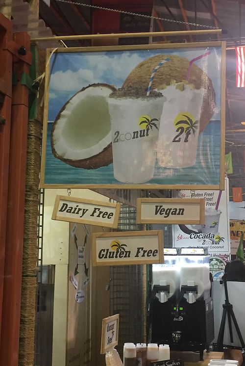 Sign with dairy-free, gluten-free, and vegan indicators at 2conut in Hollywood