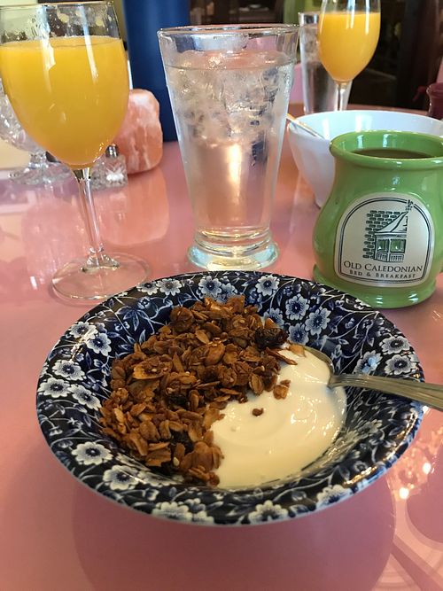 Soy yogurt with orange blossom granola at Old Caledonian Bed & Breakfast in Caledonia